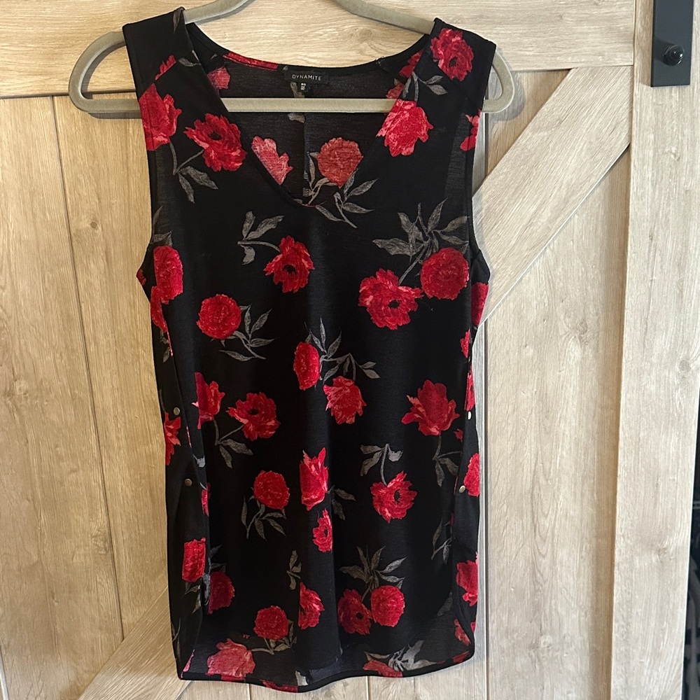 ☀️ Dynamite Black Camisole with Red Floral Embroidered Print